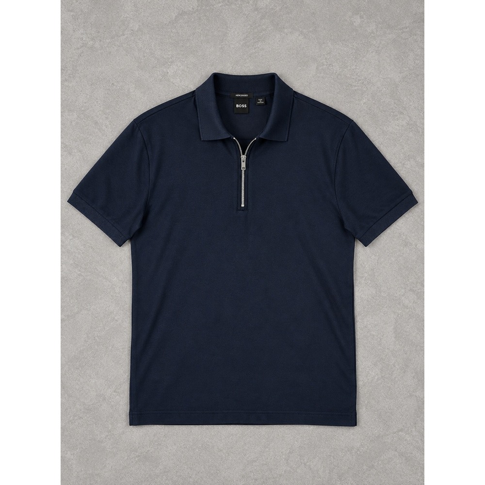 Boss Mercerized Cotton Polo Shirt Mens Medium Navy Quarter Zip Luxury Knit